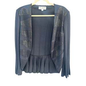 St. John Evening Black Knit Mesh Peplum Cardigan Jacket Size 14 USA